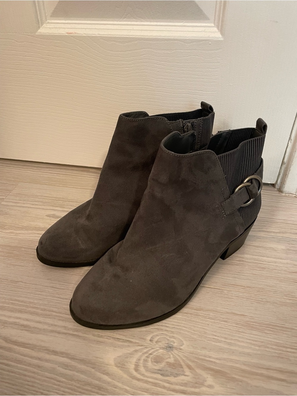 Market & Spruce Charcoal Suede Ankle Booties with Side Buckle